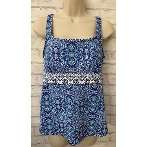 Lands End Tankini‎ Swimsuit Top Size 10 Blue White Floral Stay Put Lined Modest